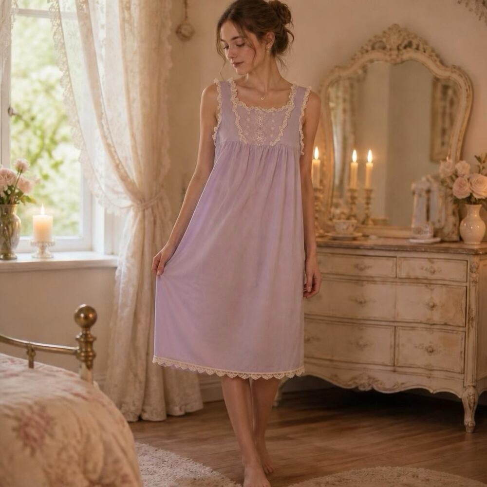 Girl's Vintage 70s USA Made Her Majesty Dress Purple LaceTrim Nightgown Size 7/8
